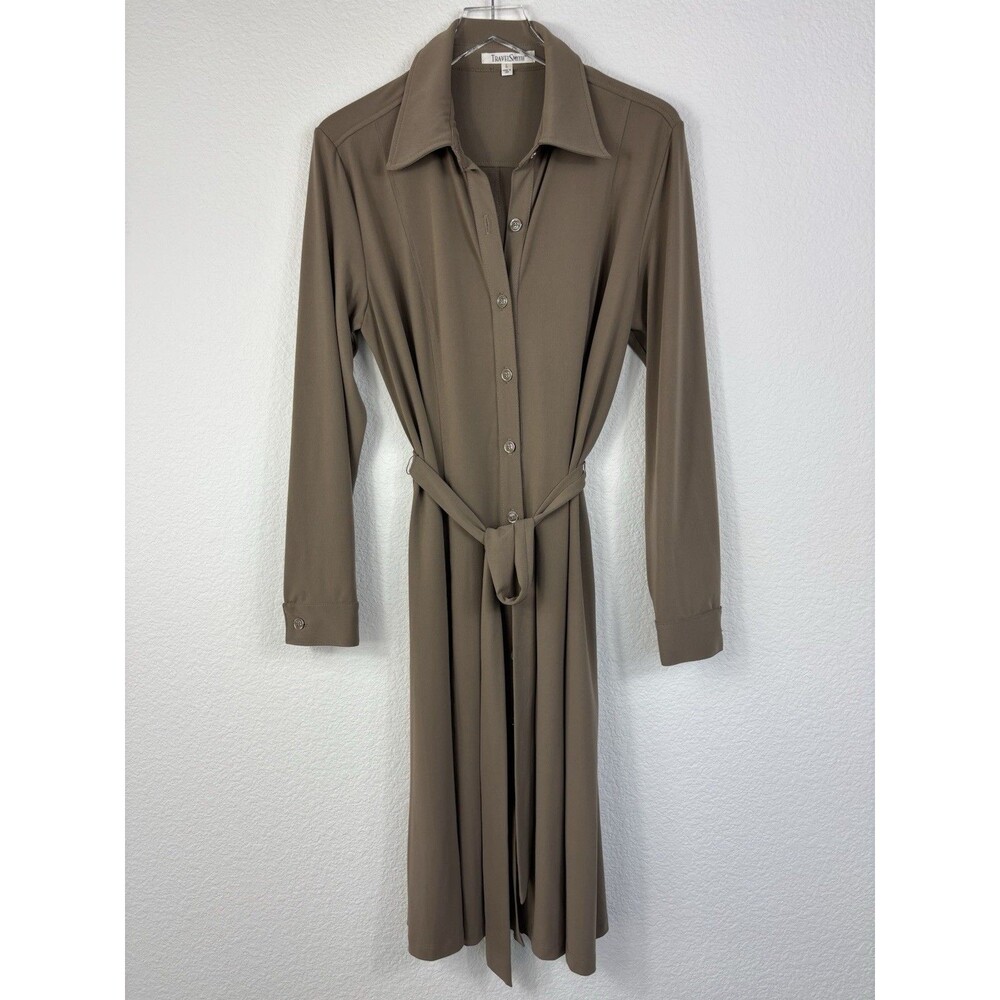 TravelSmith Knee Midi Length Dress L Beige Khaki Button Front Long Sleeve USA